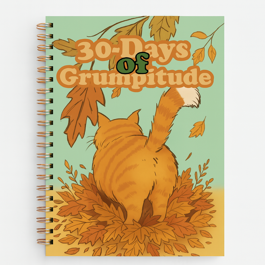 Illustrated spiral-bound journal cover featuring the back view of a fluffy orange cat standing in a pile of autumn leaves with its tail raised, surrounded by falling leaves under the title “30-Days of Grumptitude.”