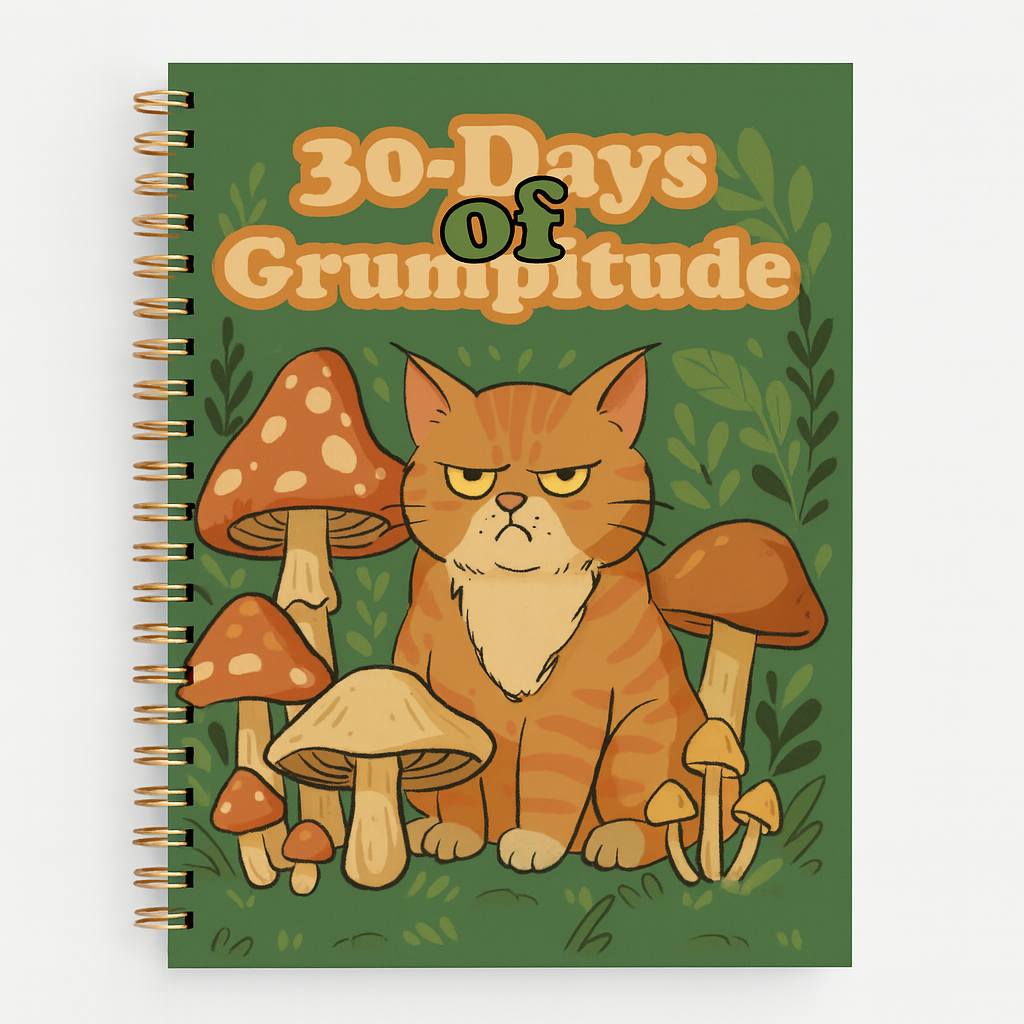 Grumpy orange tabby cat sitting among whimsical mushrooms and leafy foliage, featured on the green illustrated cover of the 30-Days of Grumptitude spiral-bound journal.