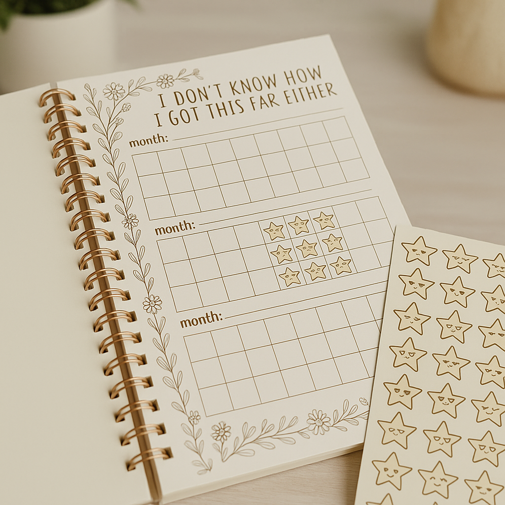 Open 30-Days of Grumptitude journal featuring a monthly progress tracker page with floral border and star-shaped reward stickers for marking achievements.