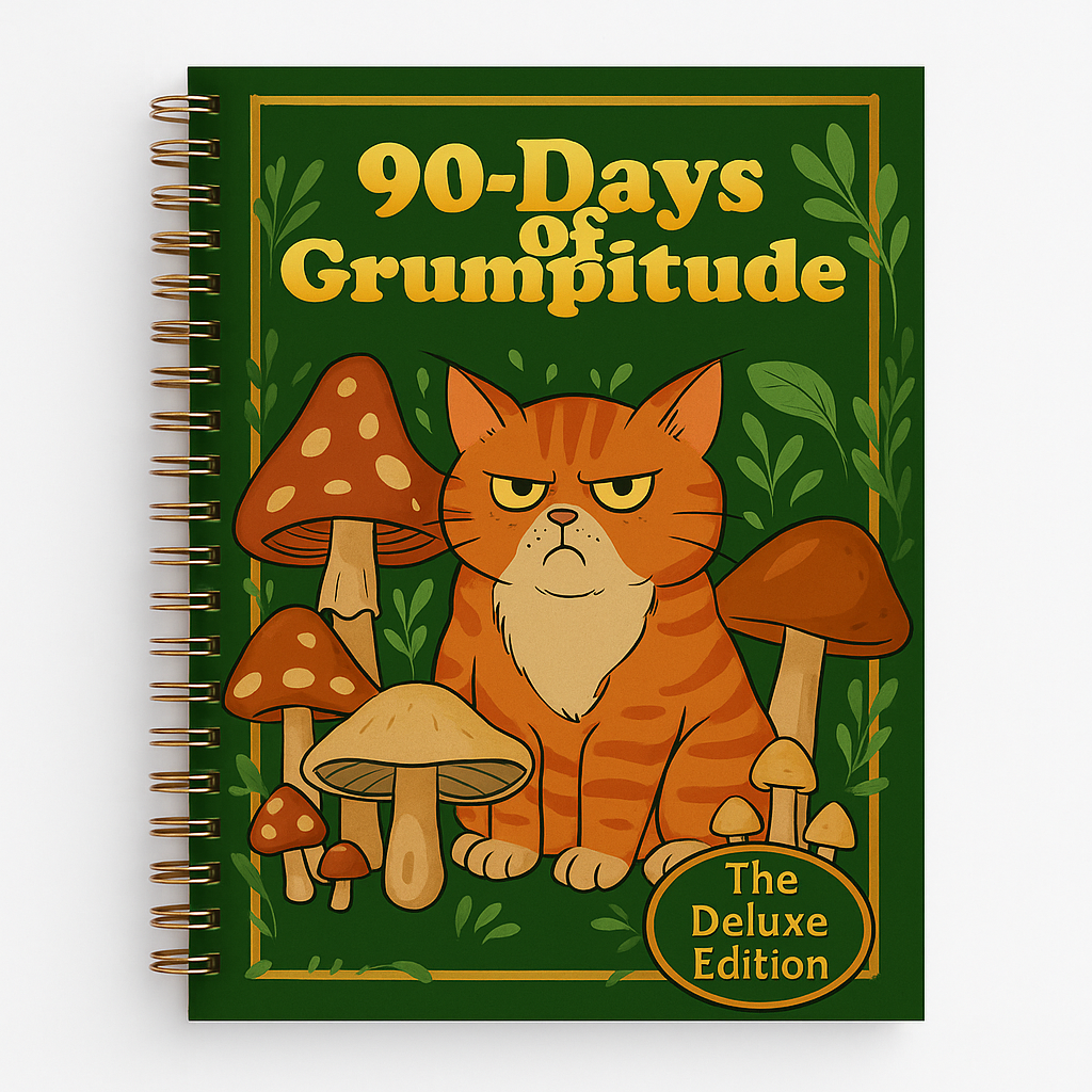Spiral-bound green journal titled “90-Days of Grumpitude – The Deluxe Edition,” featuring a grumpy orange cat surrounded by mushrooms and leafy illustrations on the cover.