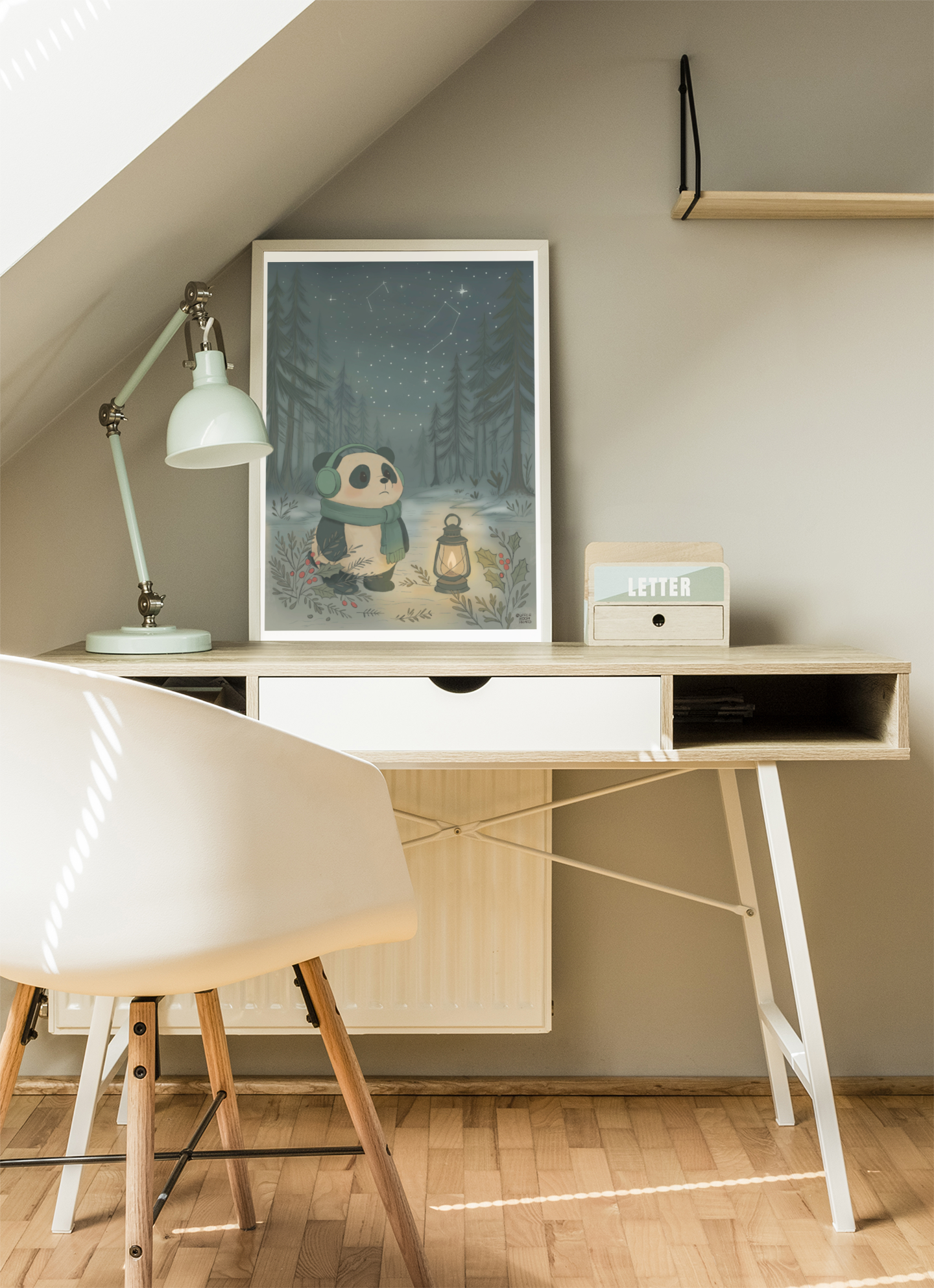 Cozy Winter Nights hearth print displayed in bedroom workspace showing Wonton panda with lantern under starry winter forest