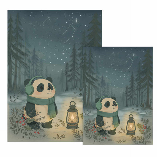 Cozy Winter Nights hearth print showing both 5x7 and A4 sizes featuring Wonton the panda in winter forest with lantern and starry sky