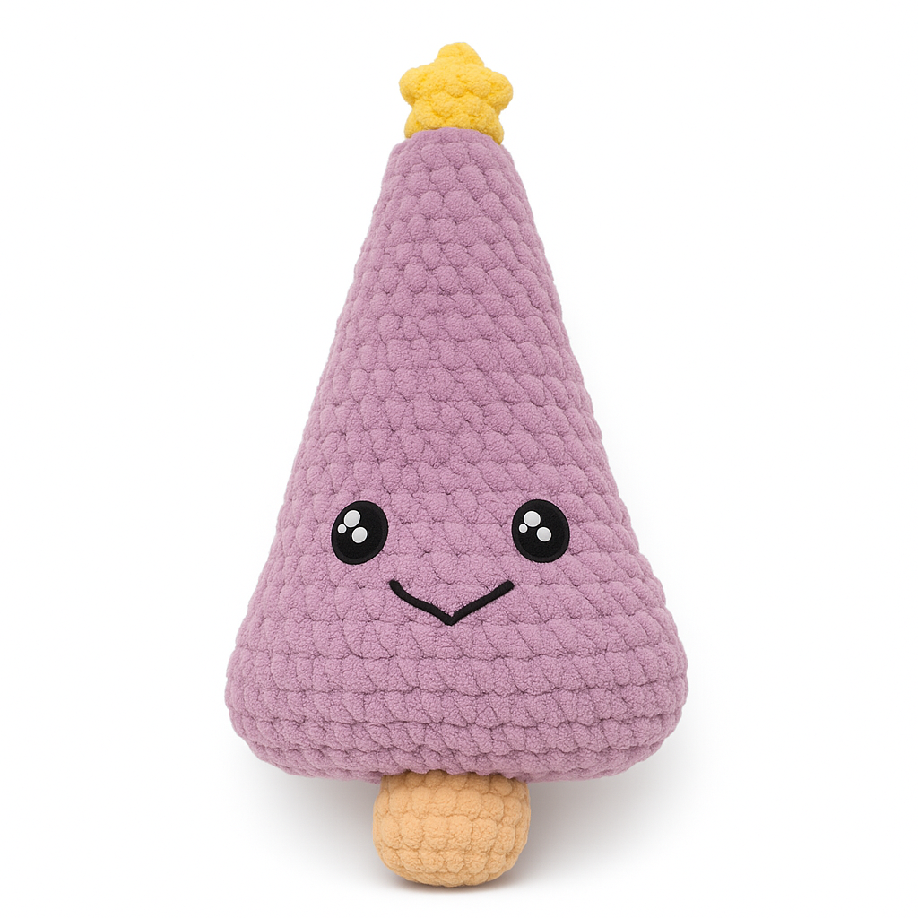 Lilac purple crochet Christmas tree plushie with yellow star top, sweet smile, and soft chunky yarn texture
