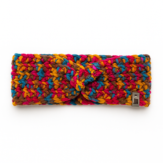 Boho Rainbow crochet ear warmers with multicolor knit pattern in red, orange, yellow, blue, and brown