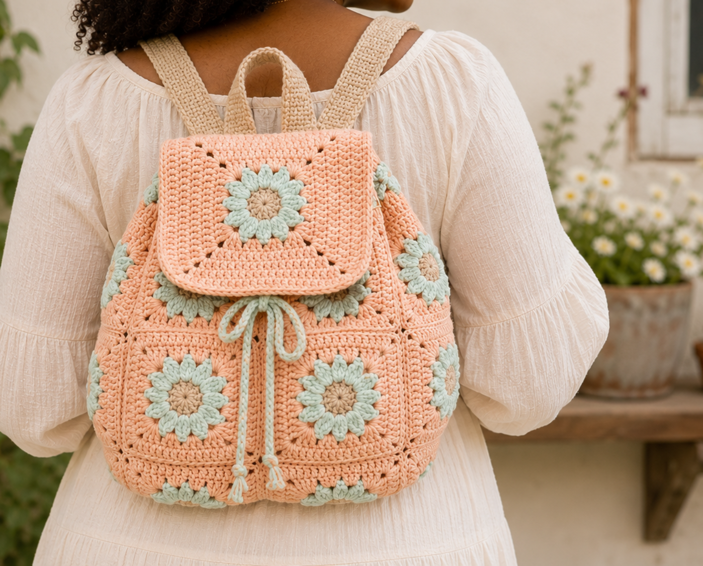Person wearing a pink crochet backpack with floral patterns outdoors.
