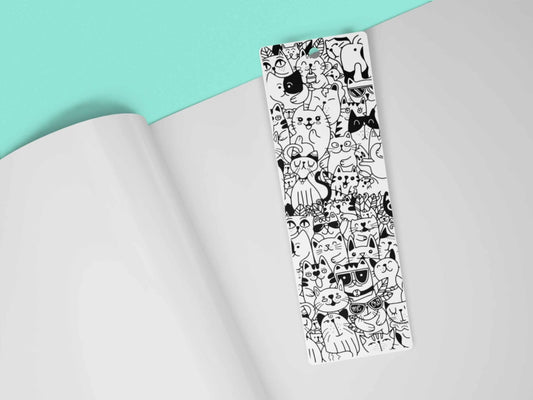 Doodle Cat bookmark with hand-drawn black and white cat pattern in 2x6 inch paper format