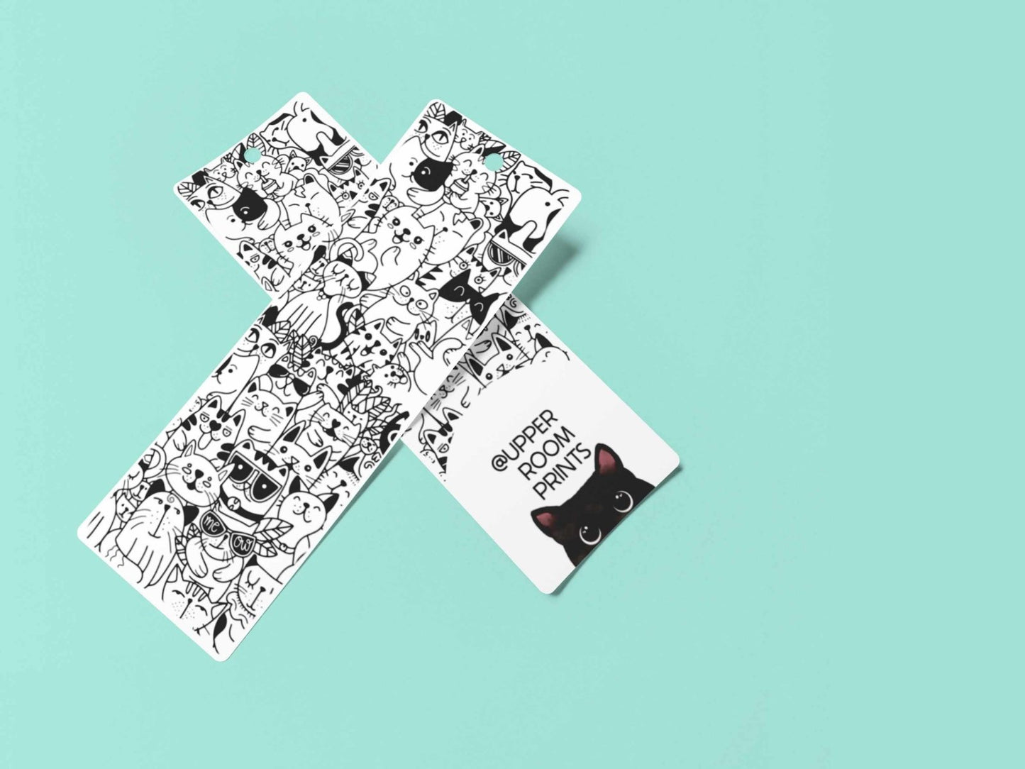 Doodle Cat bookmarks showing both metal and paper versions with black and white cat doodle design and Upper Room Prints branding