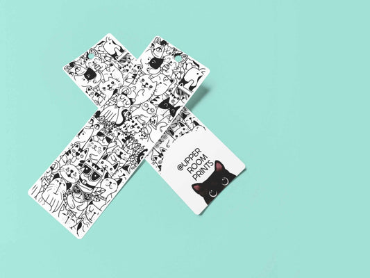 Doodle Cat bookmarks showing both metal and paper versions with black and white cat doodle design and Upper Room Prints branding