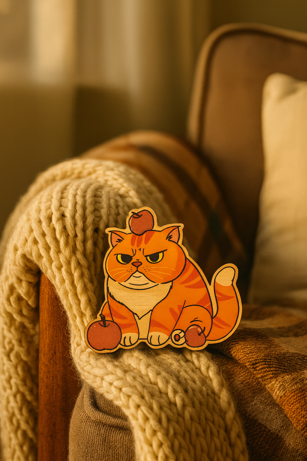 Cartoon cat sticker on a textured surface with a warm-toned background