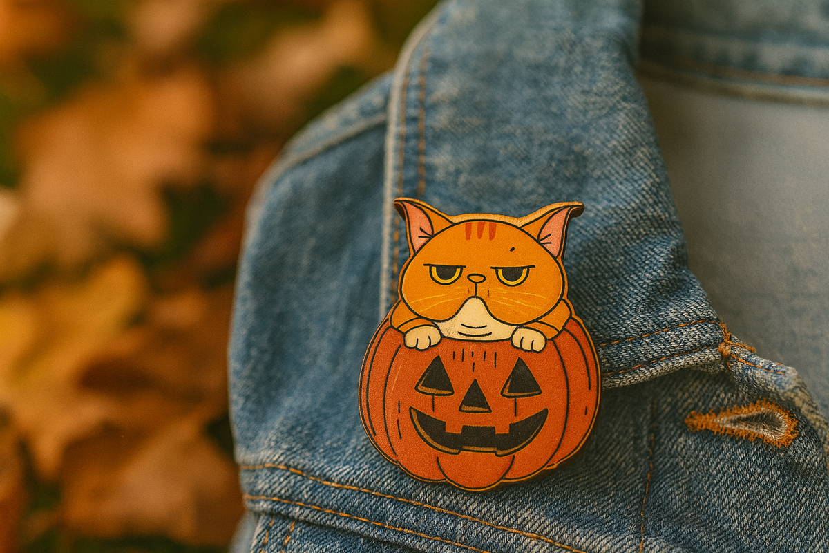 Cat in a pumpkin patch pin on a denim jacket with blurred autumn leaves in the background