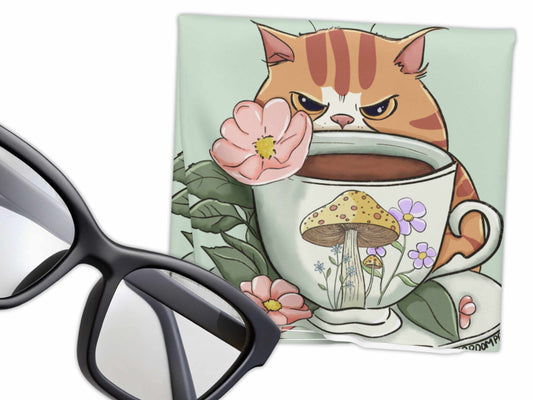 Teacup Cat microfiber cleaning cloth with adorable cat in teacup design for eyeglasses and screens