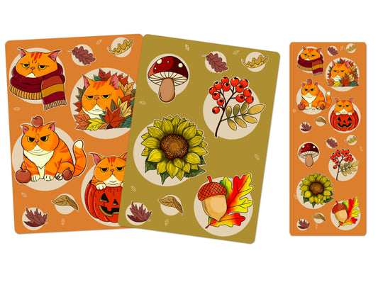 Mr. Grumps autumn sticker sheets in two sizes, 2.7x7 inch standard and 4x6 inch jumbo sheets with cat and botanical designs