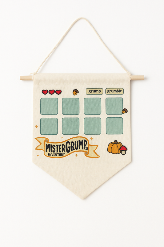 Cream canvas banner with embroidered Mr. Grumps inventory design featuring eight autumn-themed squares and wood dowel hanging