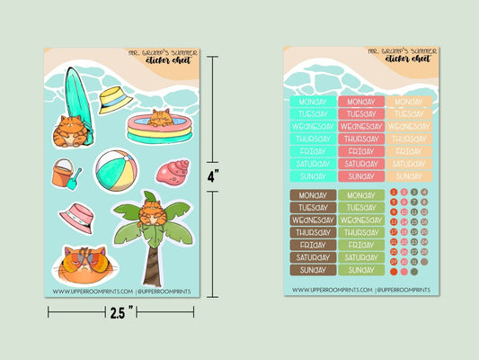 Two Mr. Grumps Summer Mini Sticker Sheets shown with measurements, featuring beach-themed illustrations and weekly planner labels.