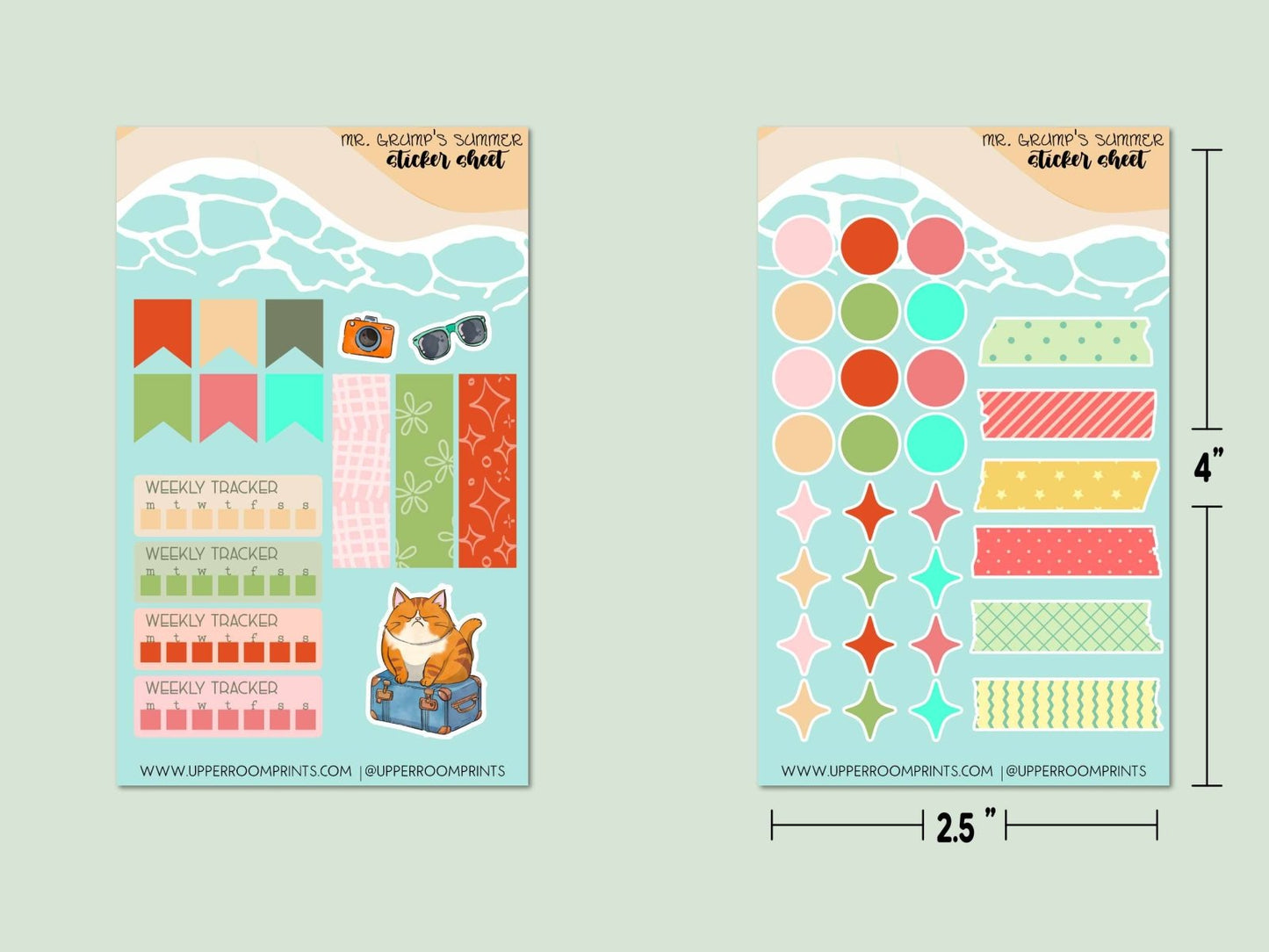 Two additional summer-themed mini sticker sheets with banners, dots, icons, and playful planner graphics, each sized 2.5" x 4".