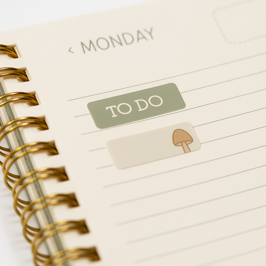 Two woodland planner stickers, including a green “TO DO” label and a beige mushroom design, placed on a spiral-bound planner page under Monday’s schedule.