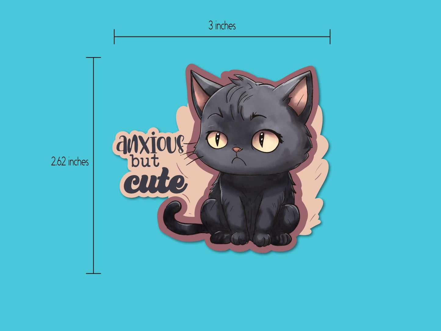 Anxious but Cute Sticker displayed with a size measurement, showing its 3-inch dimensions for easy placement