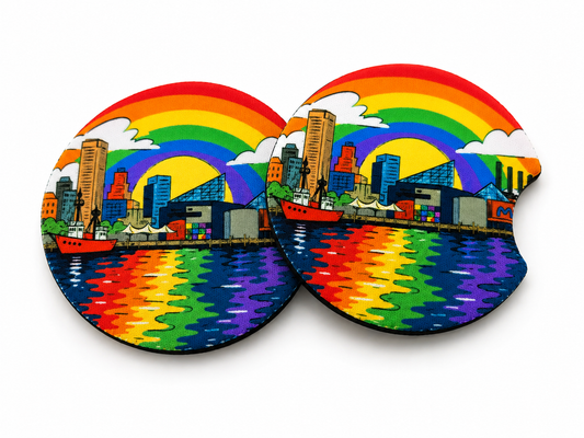 Baltimore Pride car coasters arranged with slight overlap on a white background, overhead