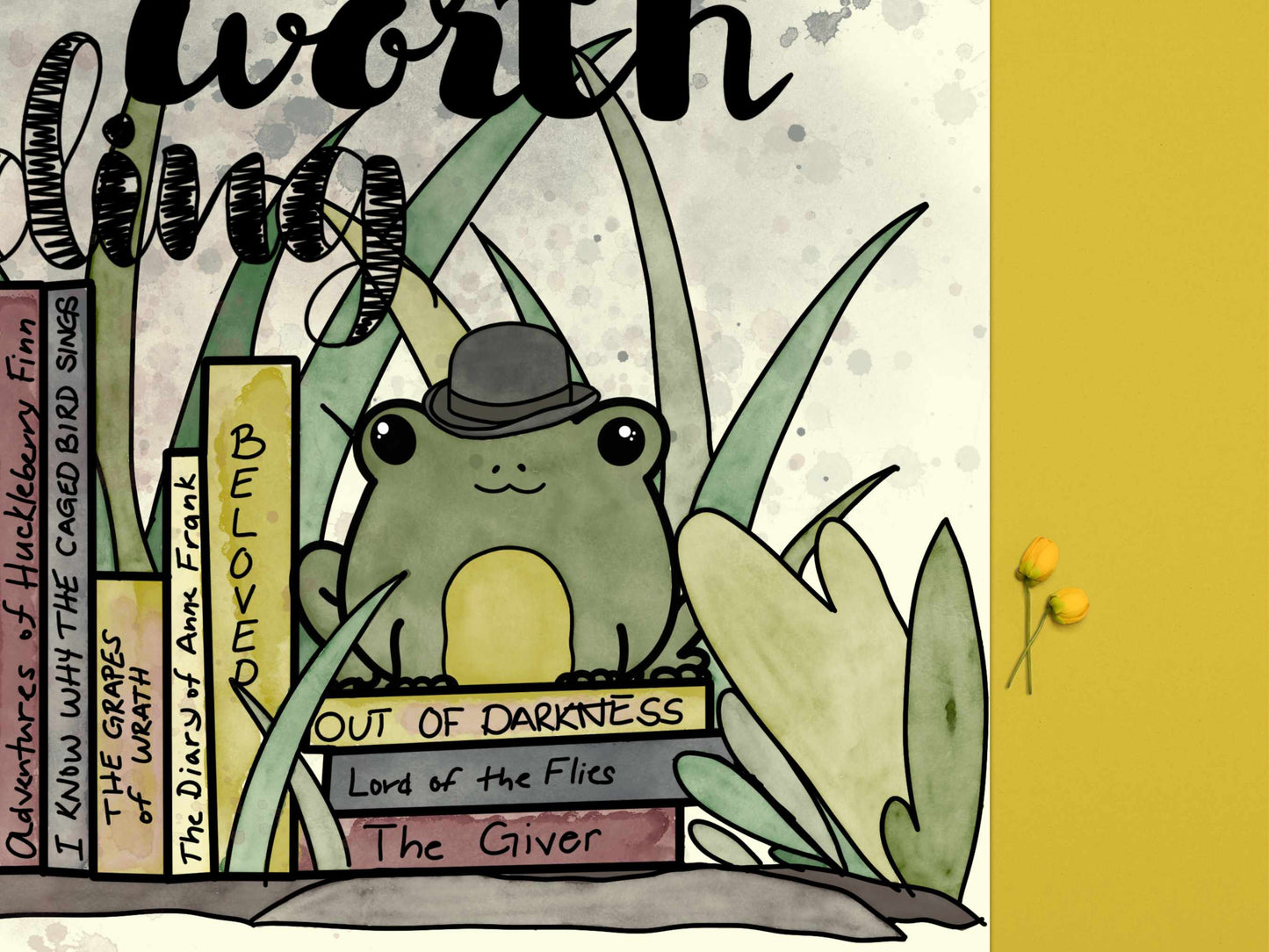 Close-up of the Banned Books Print focusing on Edgar the frog and the detailed book titles on the stack