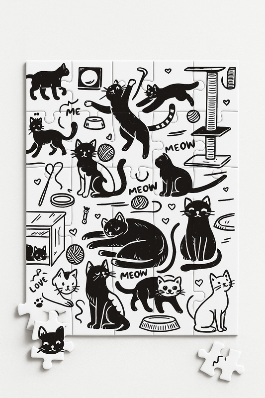 Cat Doodle 80 piece jigsaw puzzle showing whimsical hand-drawn cat illustrations, 8x6 inch finished size