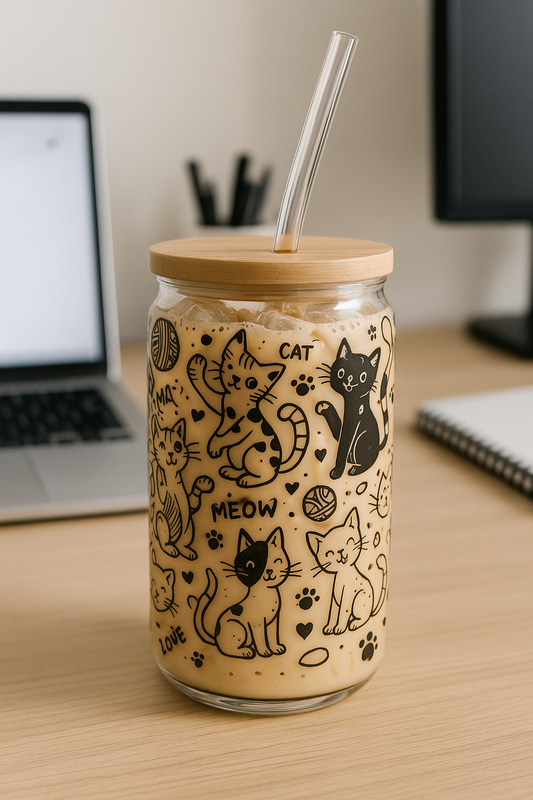 Cat Doodles glass tumbler angle view with natural bamboo lid, reusable glass straw, and whimsical cat doodle design for cat lovers