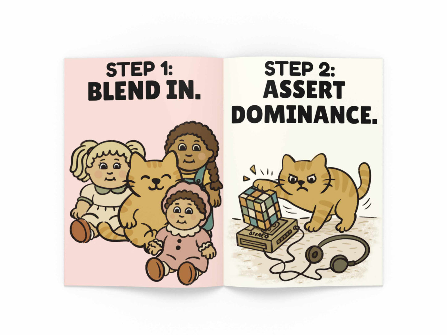 Interior spread of zine featuring Step 1: Blend In and Step 2: Assert Dominance with cat and dolls