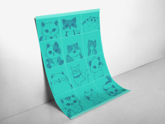 Close-up angled view of the Cats Rows Print showing aqua-toned cats in funny poses on a 5x7 art print