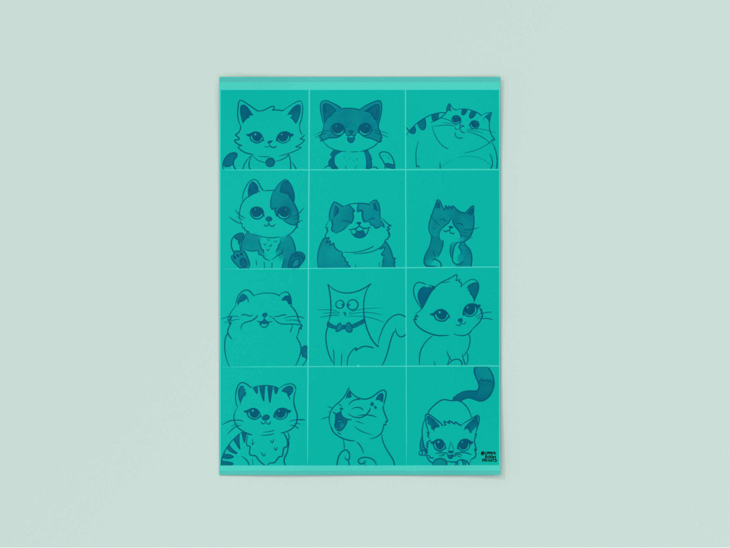 Flat lay of the unframed Cats Rows Print, showcasing rows of cats in funny poses on a 5x7 aqua art print