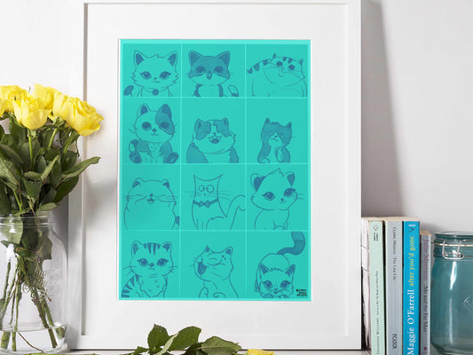 Cats Rows Print displayed in a frame, featuring quirky hand-drawn cats in aqua on a digital watercolor background.