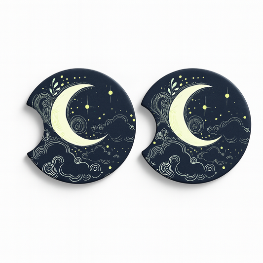Celestial car coasters 2-pack with hand-drawn stars and moons design, 2.75 inch diameter neoprene cup holder coasters