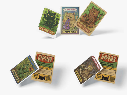 Display of Chaos Kitties cards from Drop 1 including Clawver, Petal Puke, Prickle Paws, Purrsnip, and Vinecent shown in playful layouts