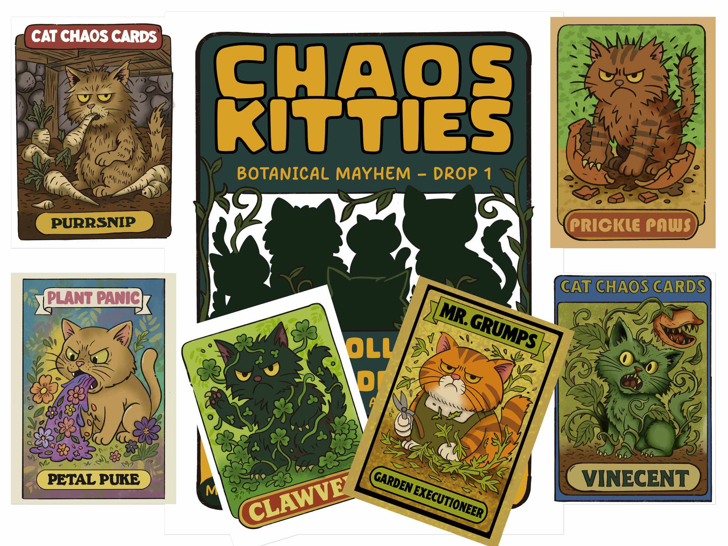 Chaos Kitties collectible trading card set showing all six botanical-themed cats including Clawver, Petal Puke, Purrsnip, Prickle Paws, Vinecent, and rare Mr. Grumps
