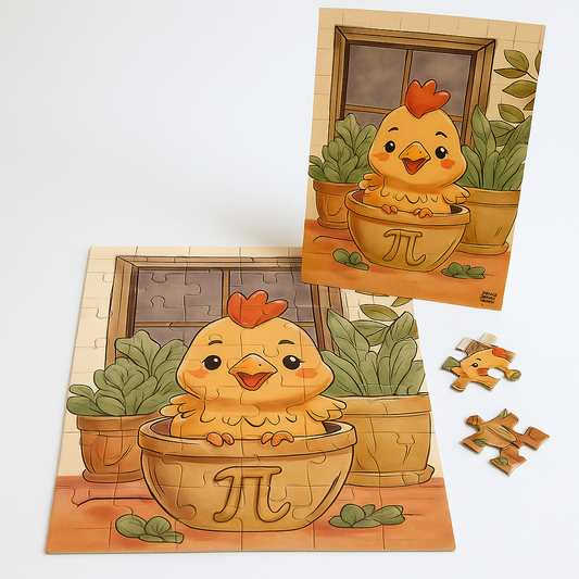 Chicken Pot Pie 80 piece jigsaw puzzle showing punny food illustration with Myrtle the Chicken, 8x6 inch finished size