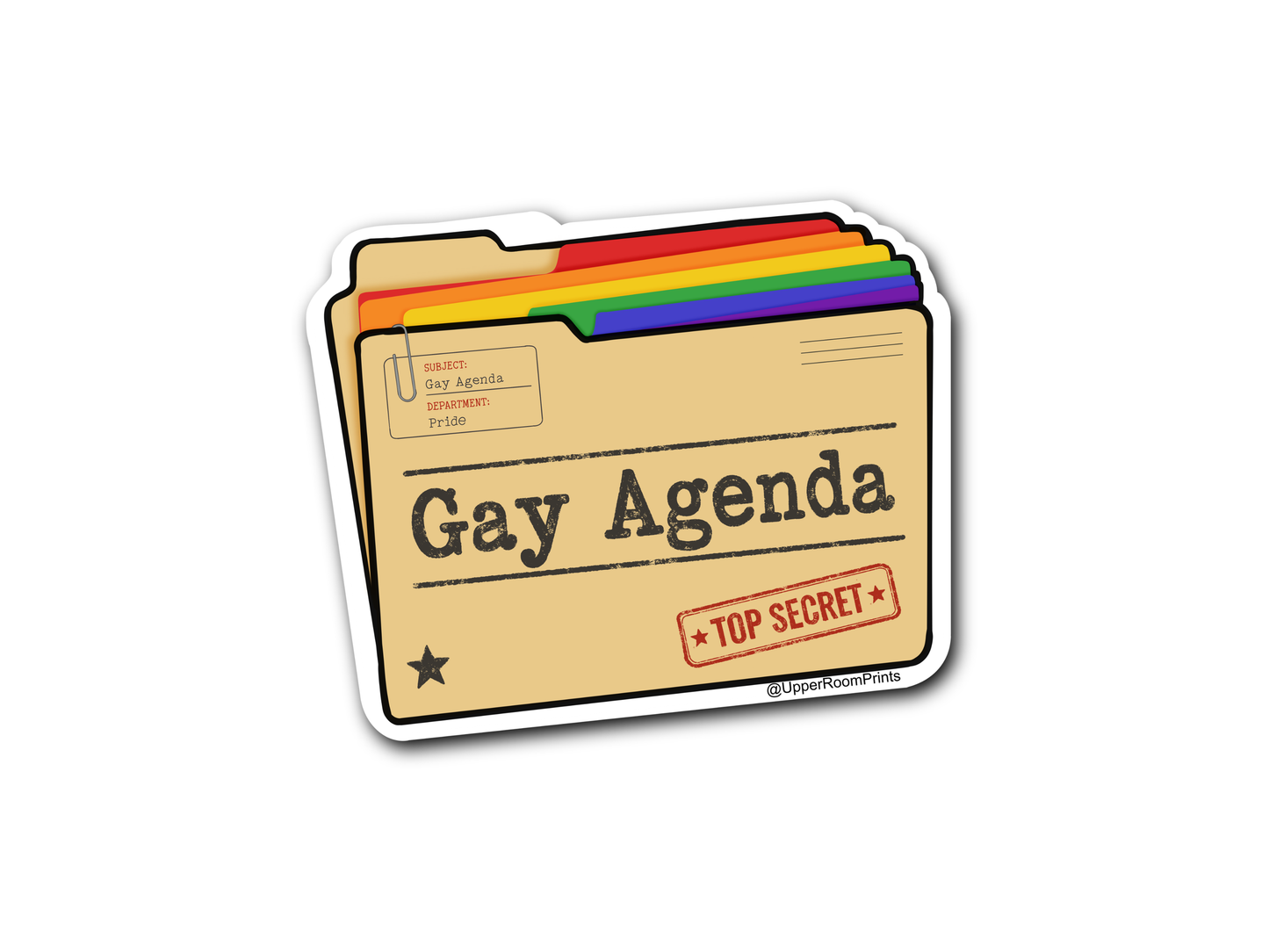 Sticker with 'Gay Agenda' text and rainbow flags on a white background