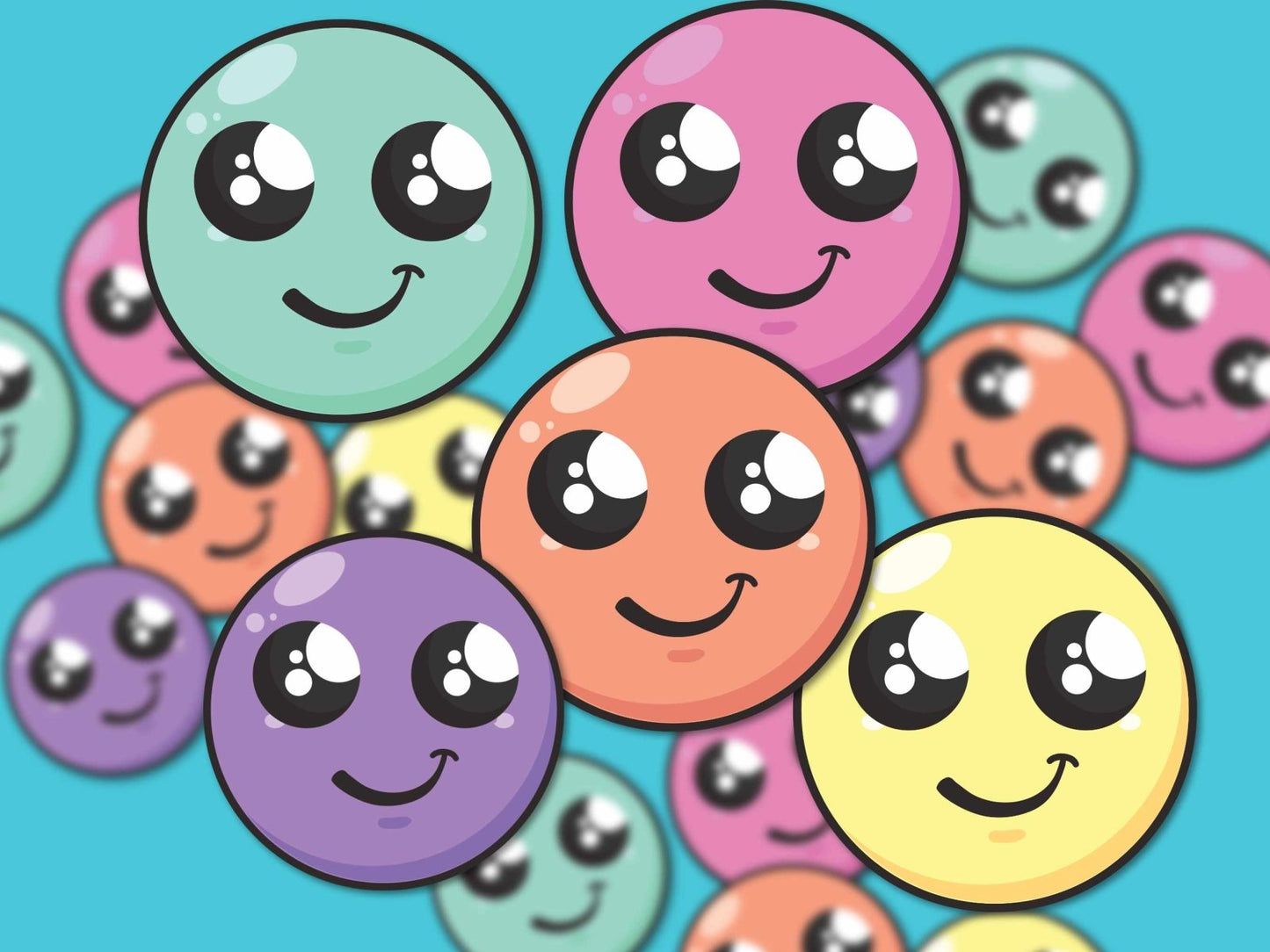 Close-up of the Happy Face Sticker Pack, featuring 5 waterproof vinyl stickers in holographic and white background options