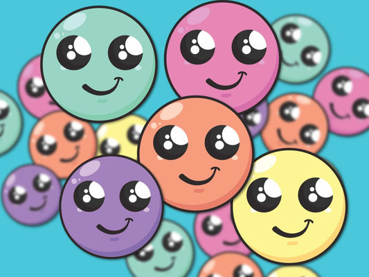 Close-up of the Happy Face Sticker Pack, featuring 5 waterproof vinyl stickers in holographic and white background options