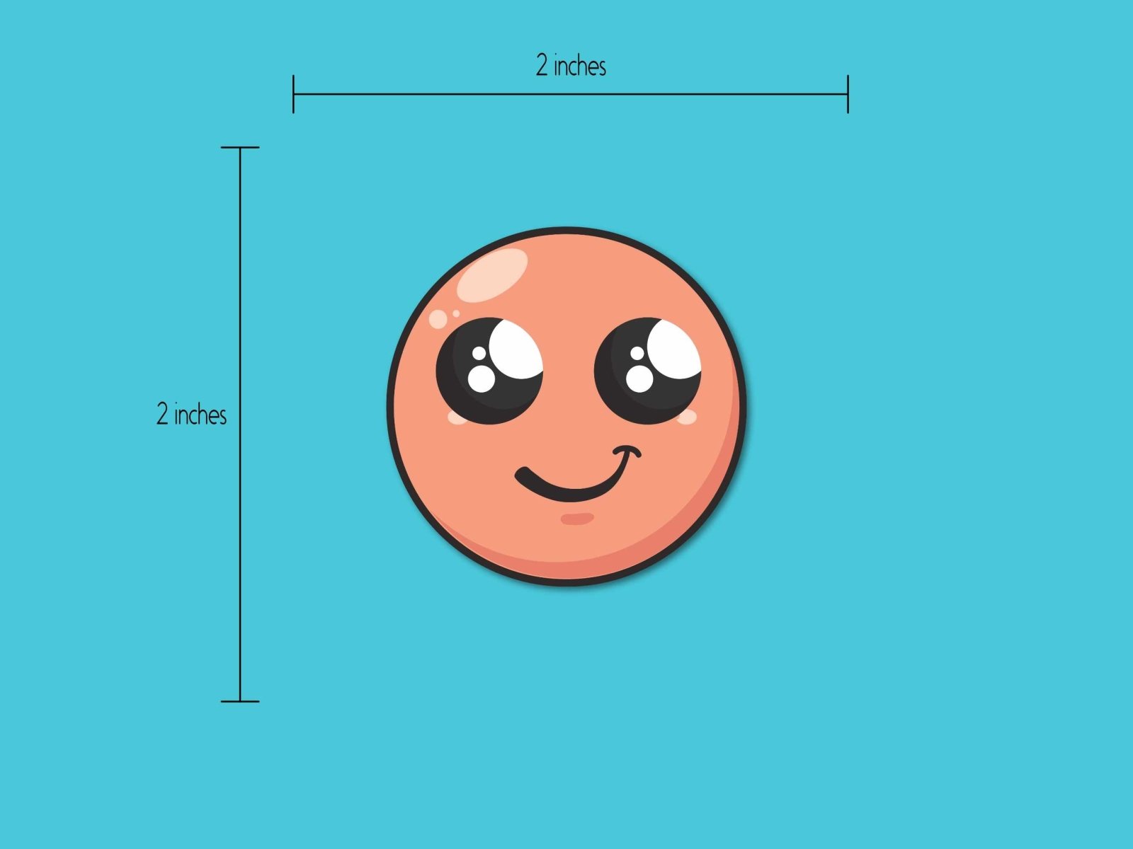 Happy Face Sticker Pack displayed with a size measurement, showing the 2-inch dimensions for easy placement on hard surfaces.