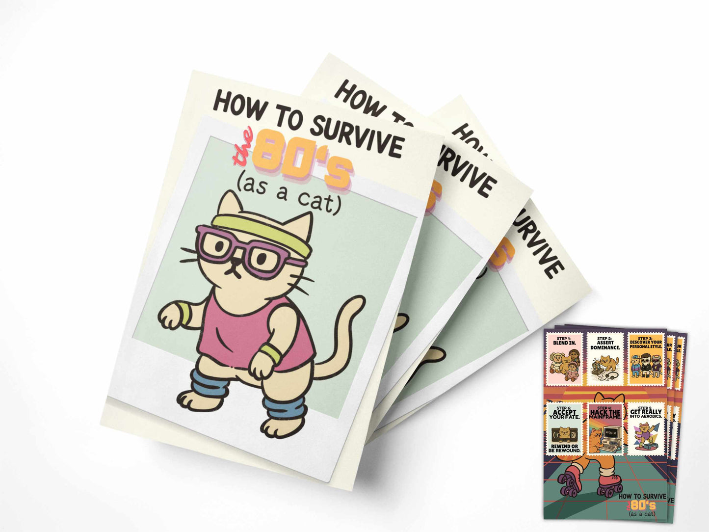 Stack of How to Survive the 80s (as a Cat) zines with mini sticker sheet featuring six retro cat illustrations