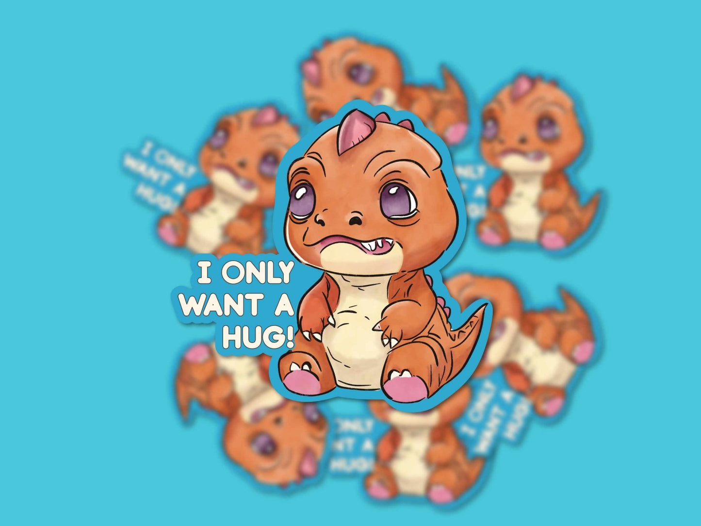 Close-up of the I Only Want a Hug Sticker, featuring a hand-drawn baby T-rex on weatherproof vinyl
