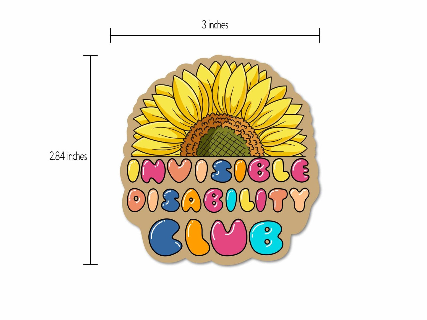 Invisible Disability Club Sticker with a size measurement, showing its 3-inch dimensions for easy placement on various surfaces