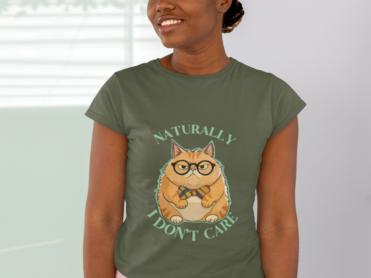 Woman wearing Naturally I Don't Care unisex cat t-shirt, comfortable casual wear for cat lovers