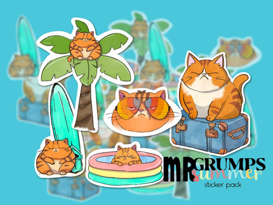 Full set of 5 Mr. Grumps Summer Stickers featuring a fat orange cat in waterproof and weatherproof vinyl designs