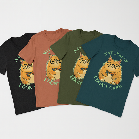 Naturally I Don't Care cat t-shirt with Mr. Grumps design in black, terracotta, olive green, and teal colors