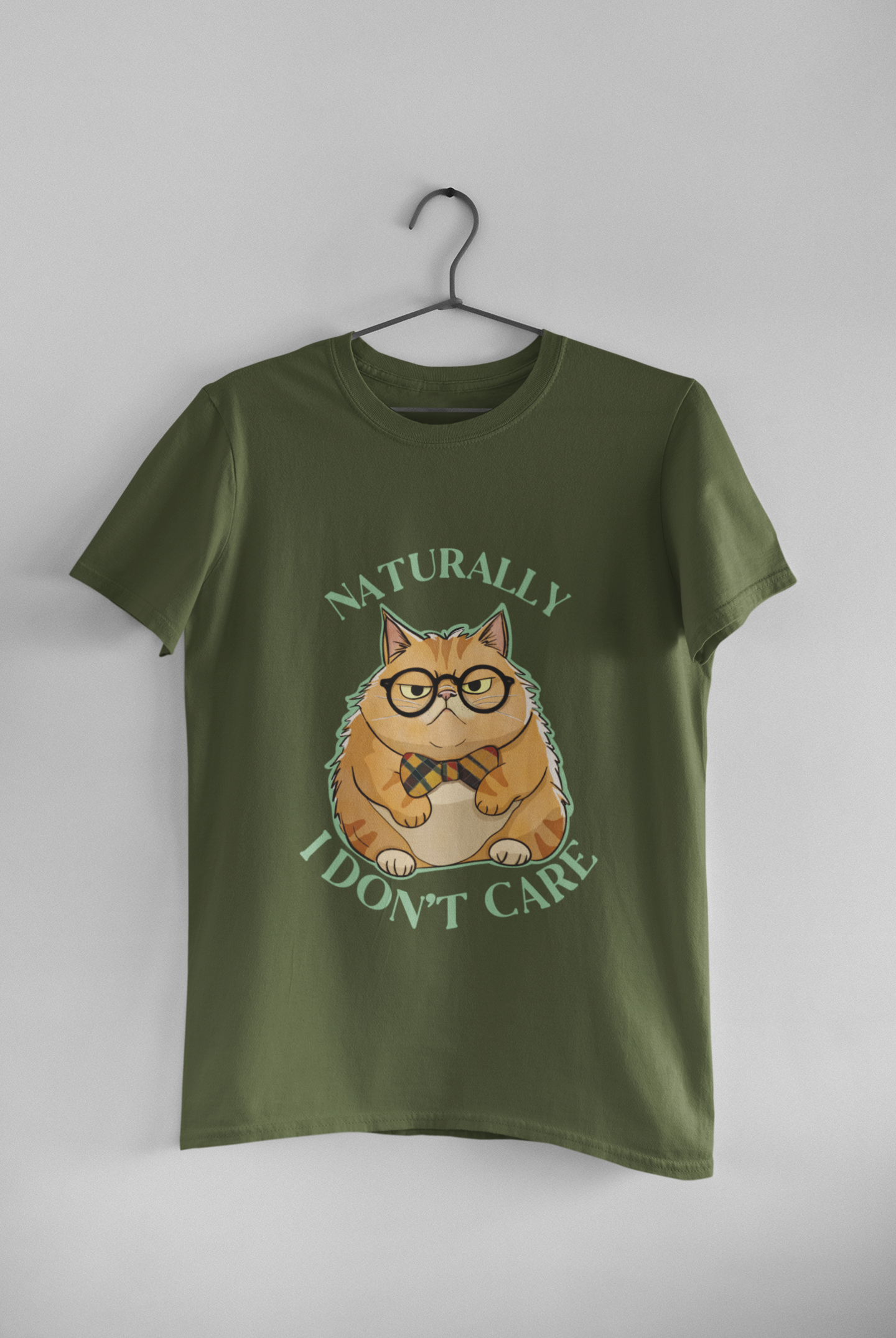Mr. Grumps cat t-shirt in olive green with sassy I don't care text