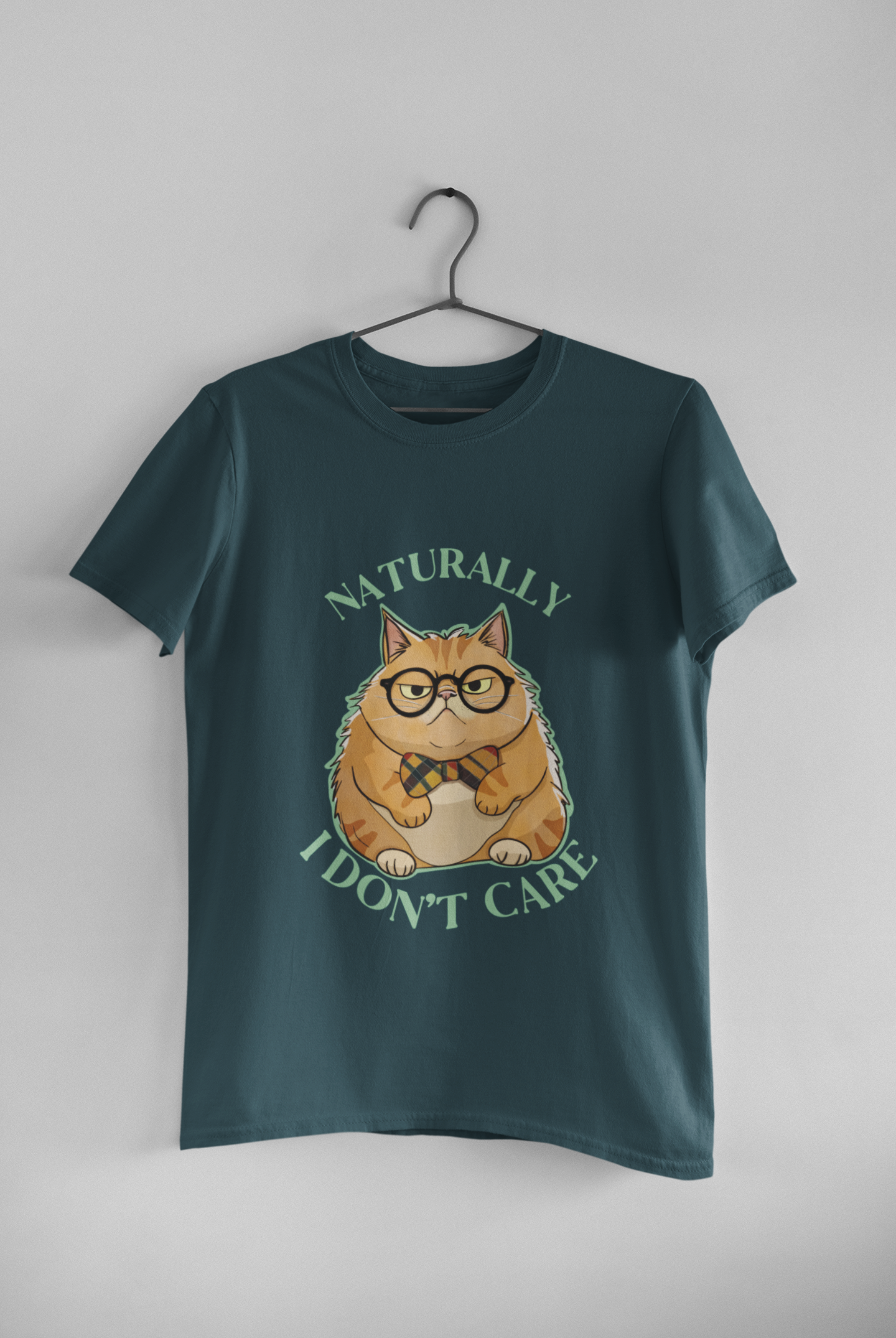 Naturally I Don't Care cat lover t-shirt in teal blue, soft cotton unisex tee