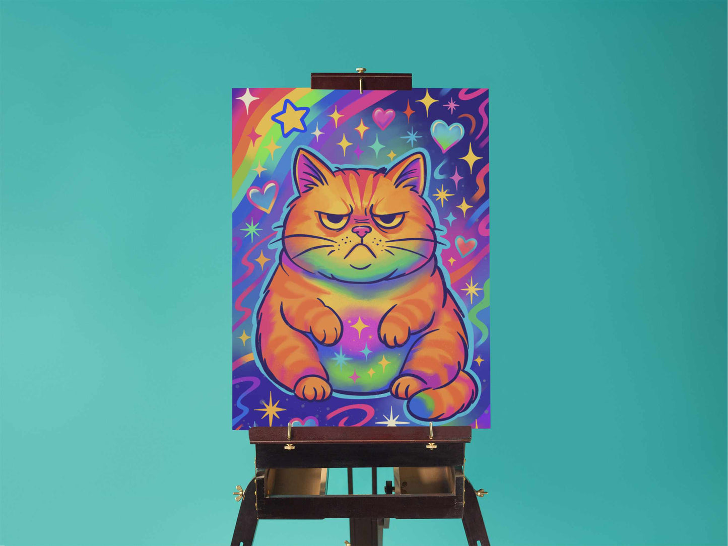 Neon Regret 5x7 cat art print with rainbow background shown on tabletop easel with bold blue backdrop