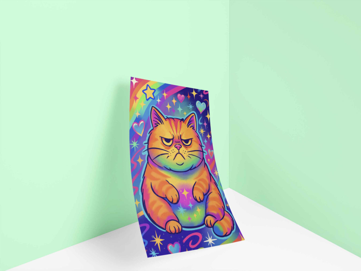 Rainbow cat art print titled "Neon Regret" displayed leaning against pastel green wall, vibrant 80s-inspired illustration