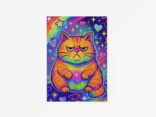 5x7 art print of a moody orange tabby cat with rainbow background, hearts, and sparkles – flat lay on white surface