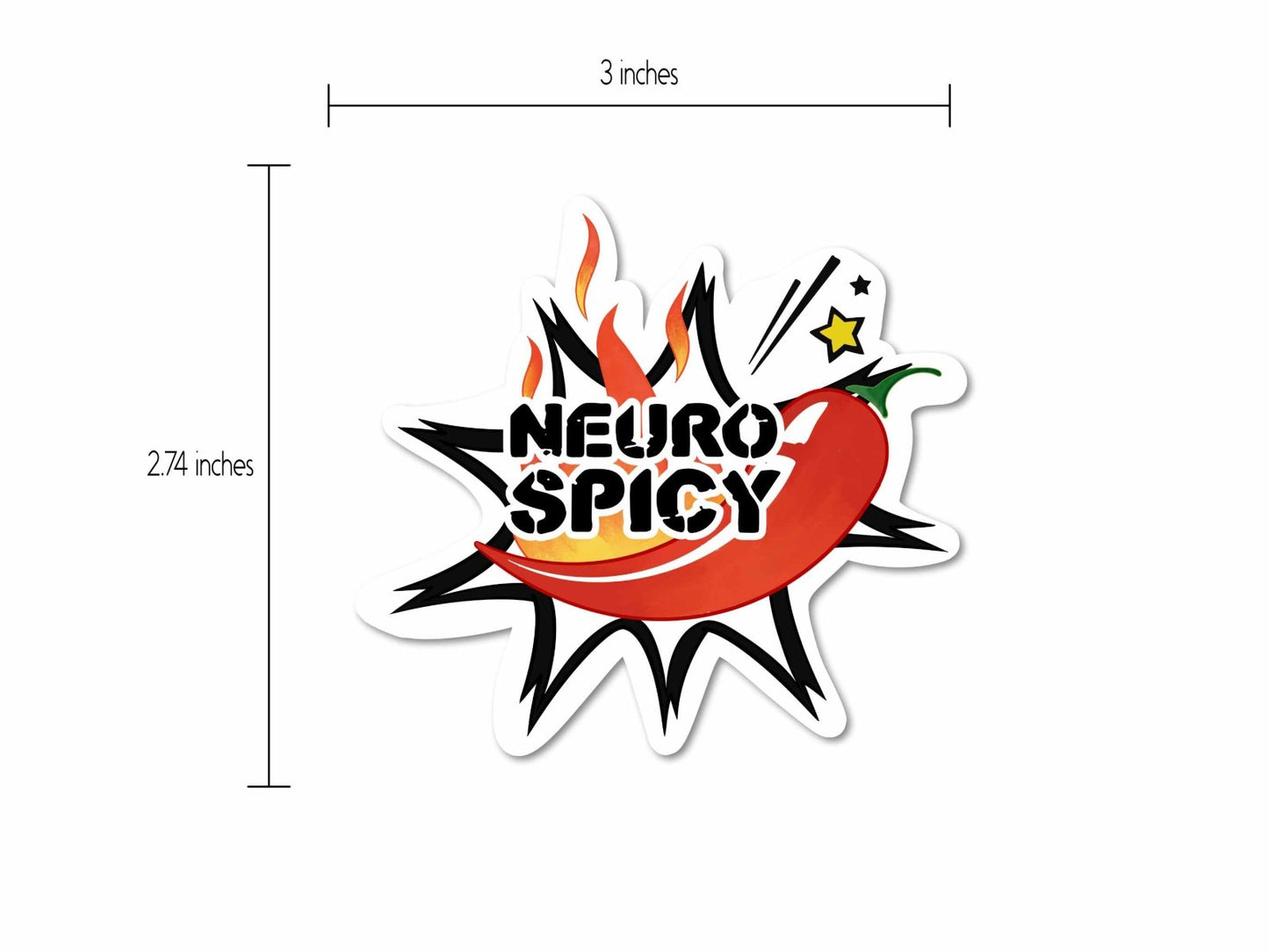 Neurospicy Pepper Sticker with a size measurement showing its 3-inch dimensions, ideal for laptops, water bottles, and planners