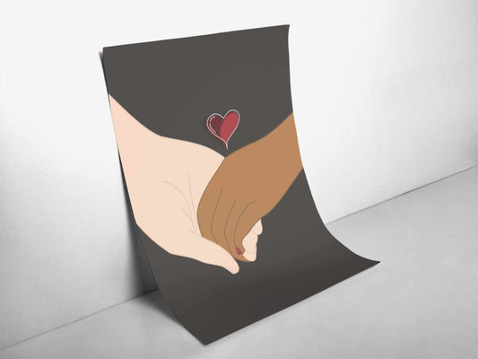 Close-up angled view of the Our Love Print featuring an interracial couple illustration on high-quality 5x7 cardstock